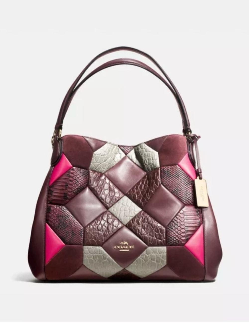 Coach Canyon Quilt Edie Shoulder Bag Exotic Embossed Leather Oxblood